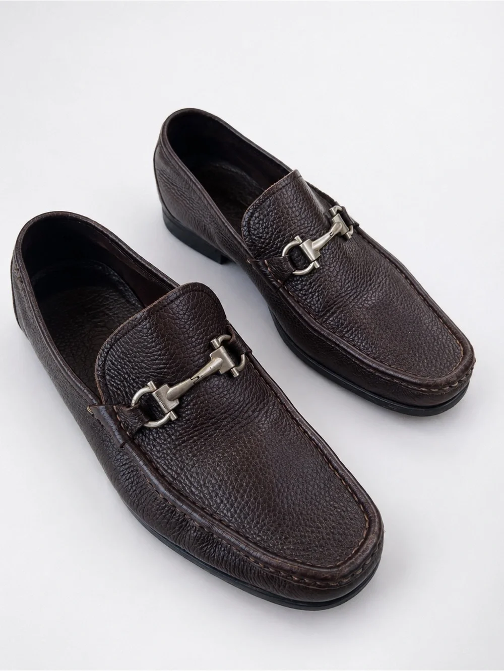 Salvatore Ferragamo Dark Brown Pebbled Leather Bit Loafers